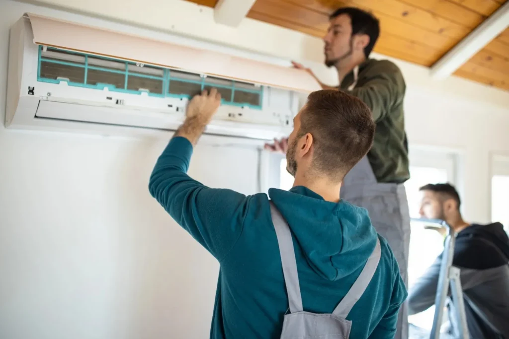 AC Installation in Stonecrest, GA 1 Three men appear to be installing or servicing a white, wall-mounted air conditioning unit. One man is reaching up to the unit, another is on a ladder to the right, and a third is on a ladder to the left, working near the ceiling.