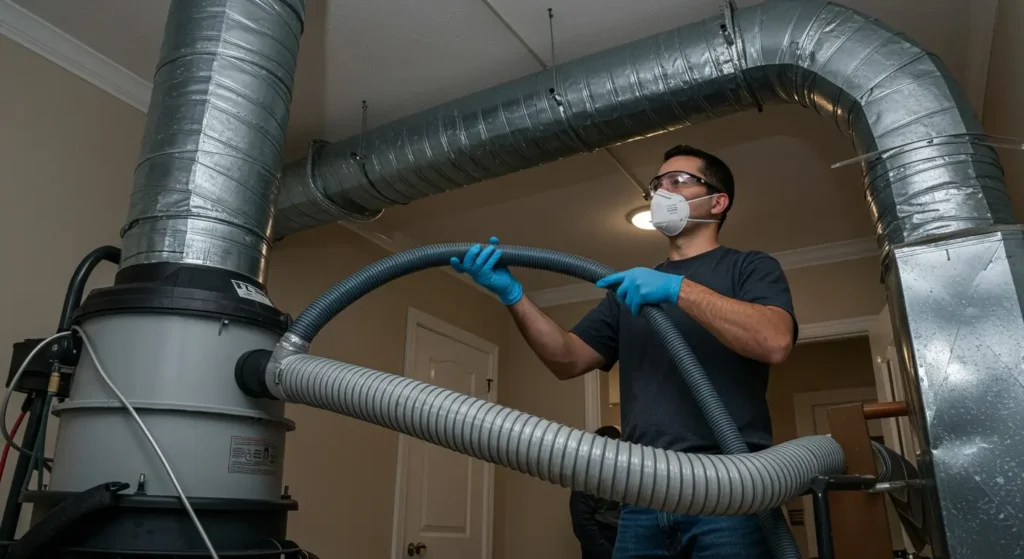 Duct Cleaning in Conyers, GA 1 A person wearing safety glasses, a face mask, and blue gloves uses a large, flexible hose connected to a powerful vacuum system to clean a network of silver, cylindrical air ducts in a residential setting.