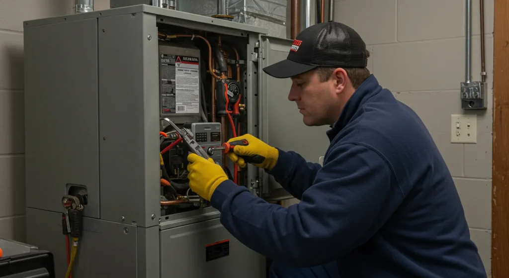 Furnace Replacement In Ellenwood, GA 1 Technician in blue jacket and yellow gloves repairing an electrical panel or HVAC system with visible wires and components