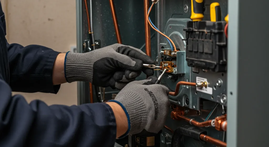 Furnace Service In Ellenwood, GA 1 Technician wearing gloves repairing wiring and components inside an electrical or HVAC panel using hand tools