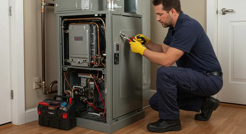 Furnace Maintenance In Ellenwood, GA 1 HVAC technician in navy blue uniform and yellow gloves servicing a furnace system with open panel, tools, and components visible