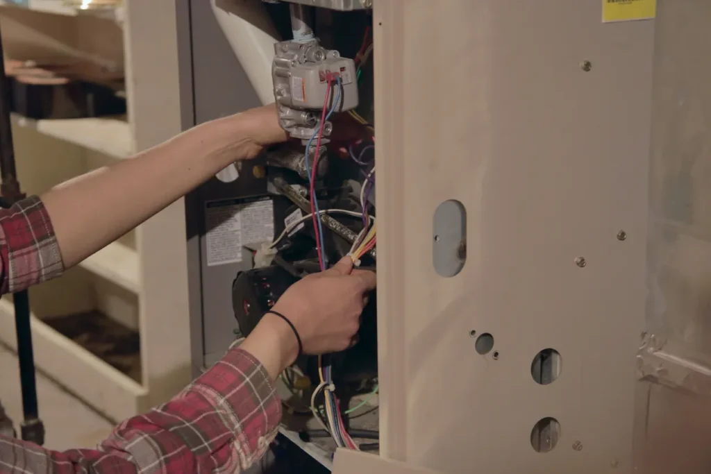 Technician handling internal wiring and components of an HVAC unit or furnace during maintenance or repair work
