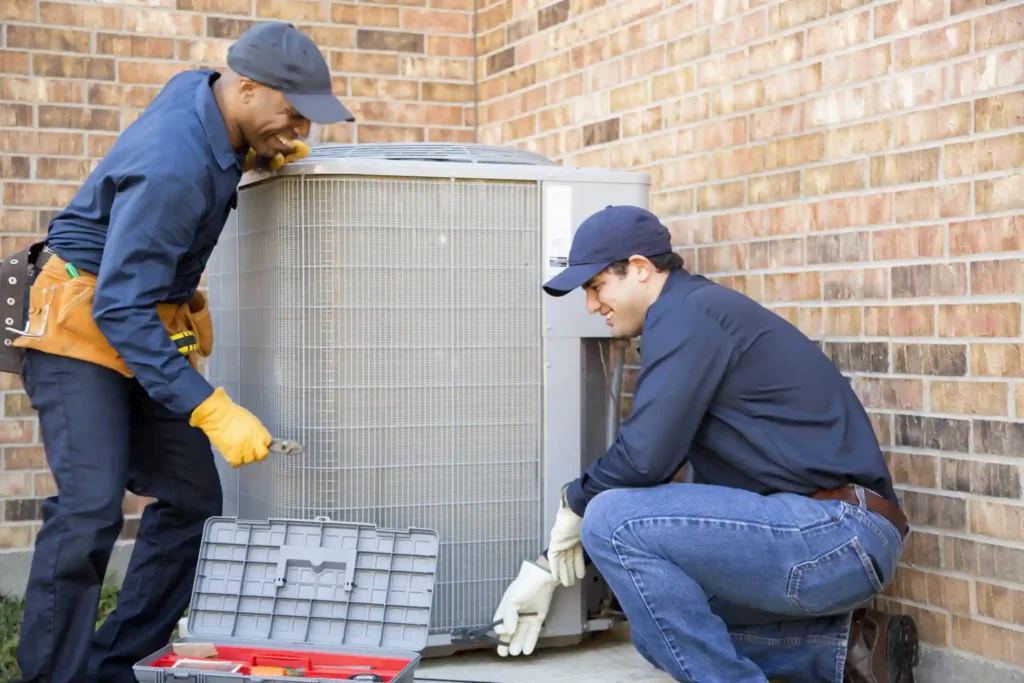 HVAC Replacement in Stonecrest, GA 1 Two HVAC technician trying to replace the outdoor ac system