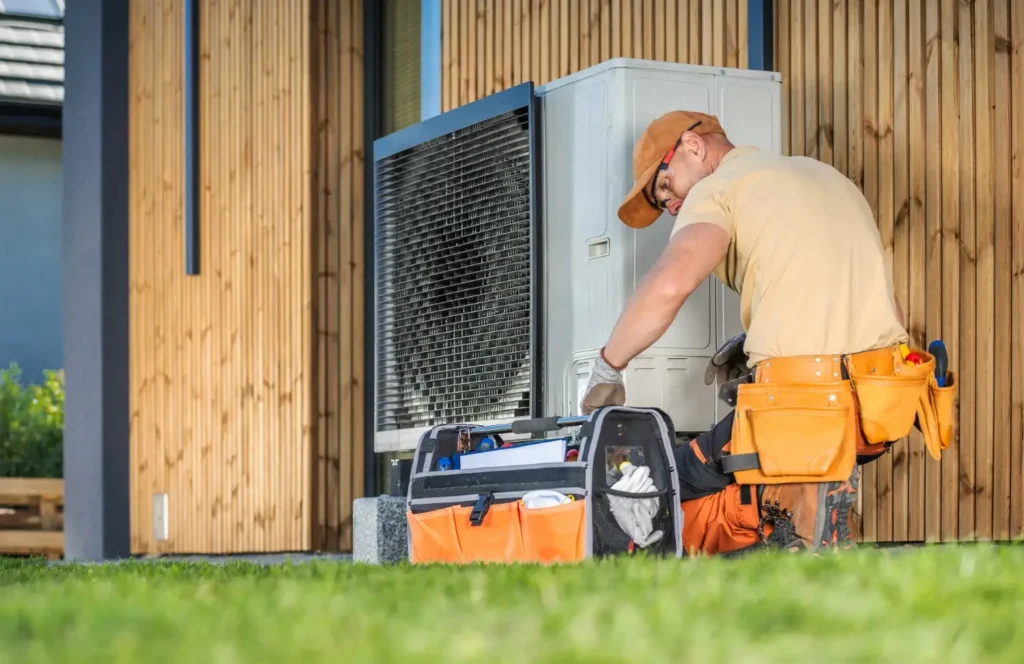 Heat Pump Repair in Stonecrest, GA 1 A technician wearing safety glasses, a cap, and a tool belt is working on a white heat pump unit located outside a modern house with vertical wooden siding. An open toolbox is on the grass in front of him.