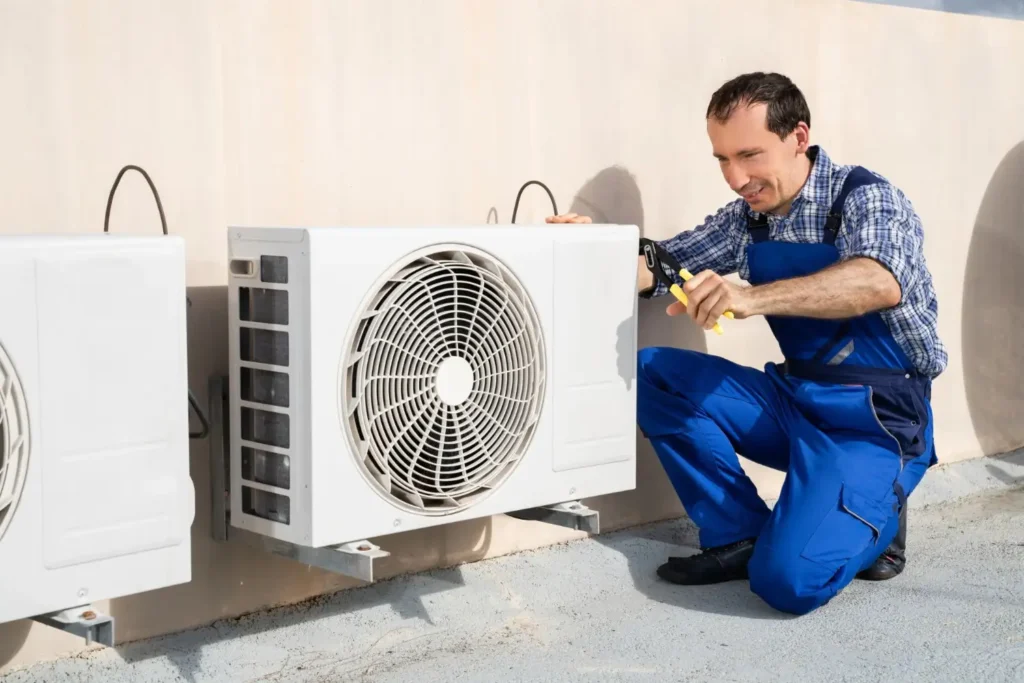Heat Pump Service in Stonecrest, GA 1 A HVAC Technician in blue dress servicing a heat pump installed outside the home