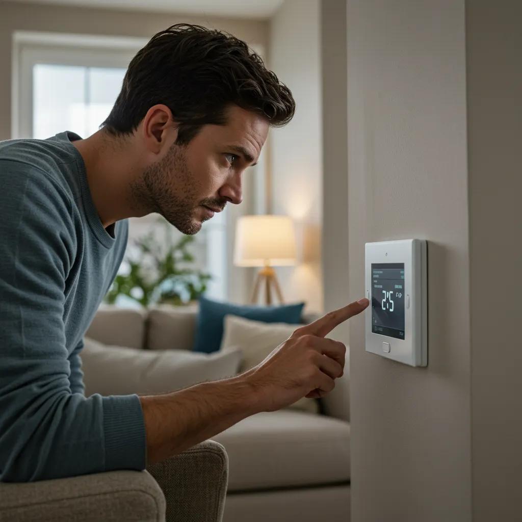 Troubleshooting Guide: AC Not Cooling? Here’s What to Do! 2 Homeowner checking thermostat settings in a living room, illustrating easy AC troubleshooting steps