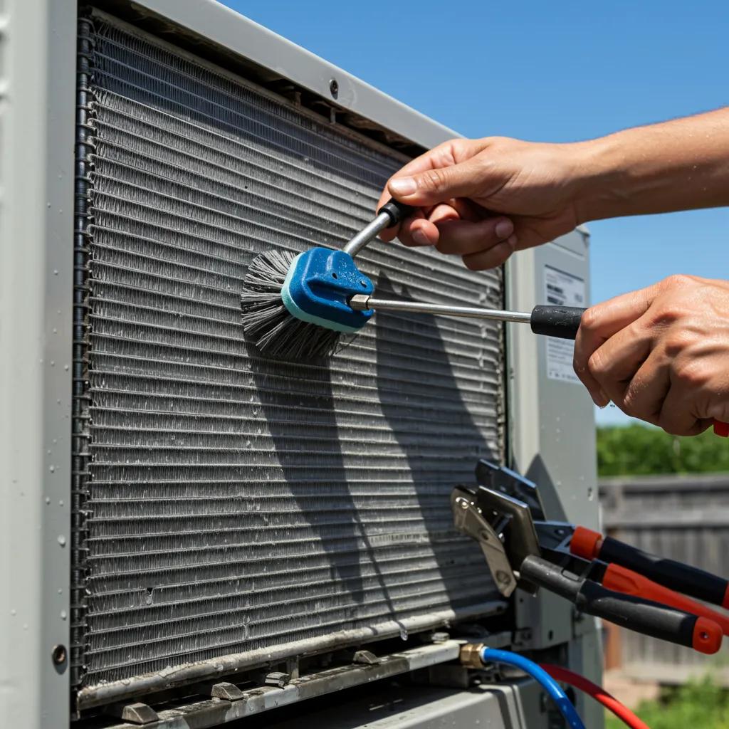 Troubleshooting Guide: AC Not Cooling? Here’s What to Do! 3 HVAC technician cleaning condenser coils on an air conditioner, highlighting the benefits of routine AC maintenance
