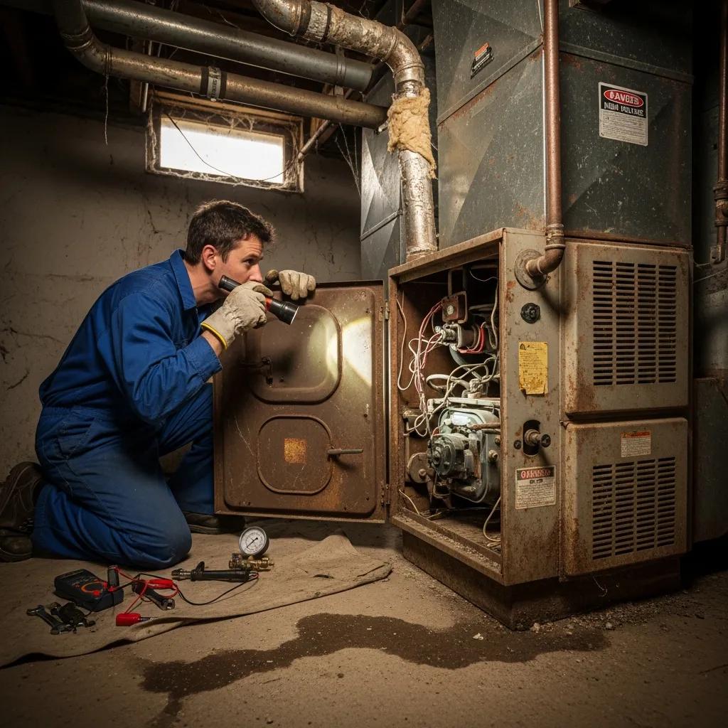 Knowing When to Replace Your Heating System Effectively 2 Technician examining an older heating system showing wear and tear