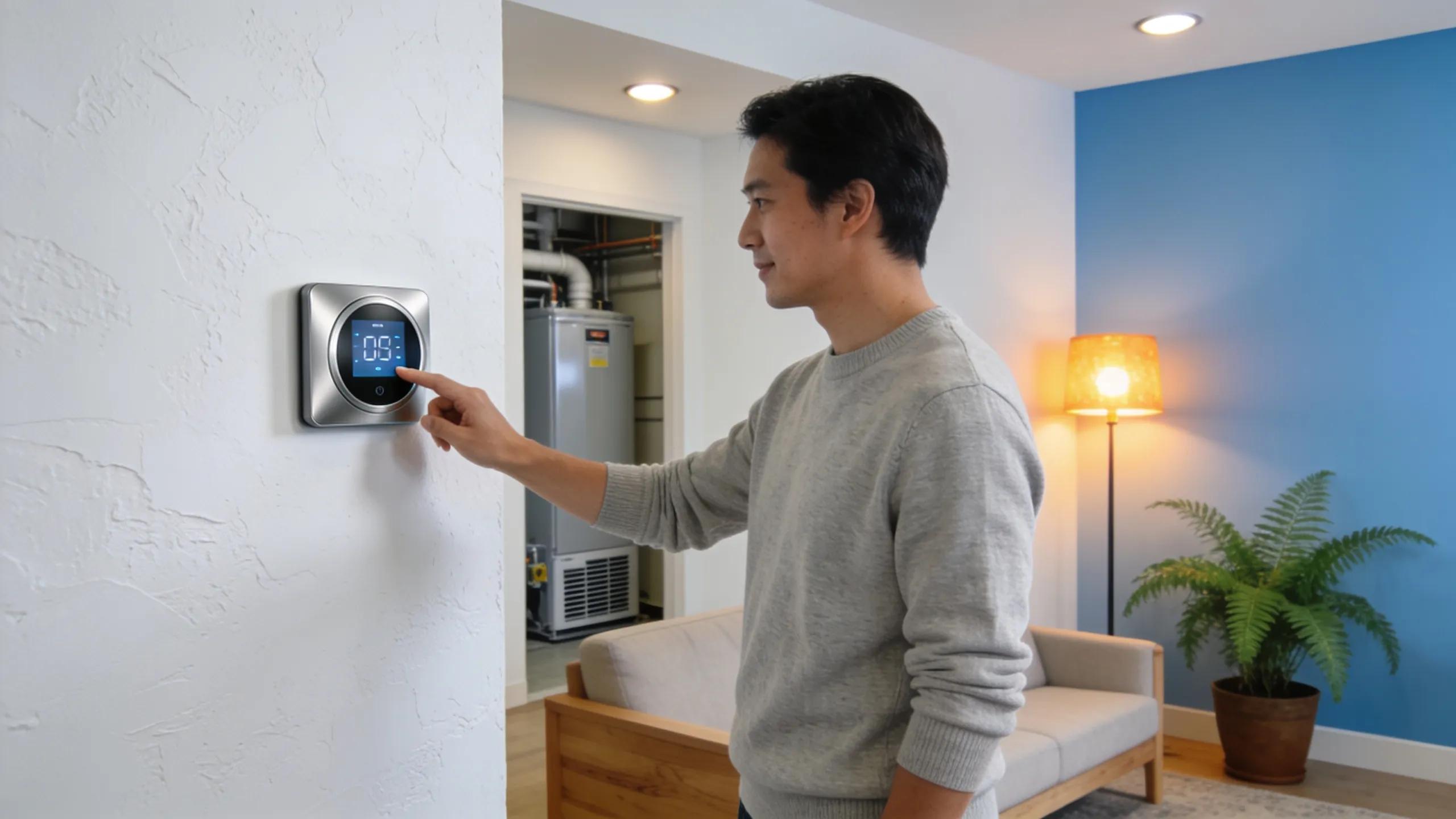 Central AC vs. Ductless Mini-Split: A Comparison 3 Homeowner using a smart thermostat for effective HVAC management in a modern living space.