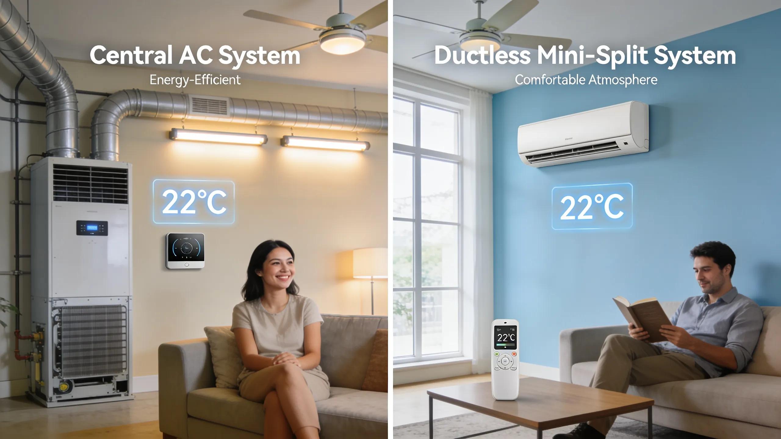 Central AC vs. Ductless Mini-Split: A Comparison 2 Comparison of energy-efficient Central AC and Ductless Mini-Split systems in a cozy home setting.